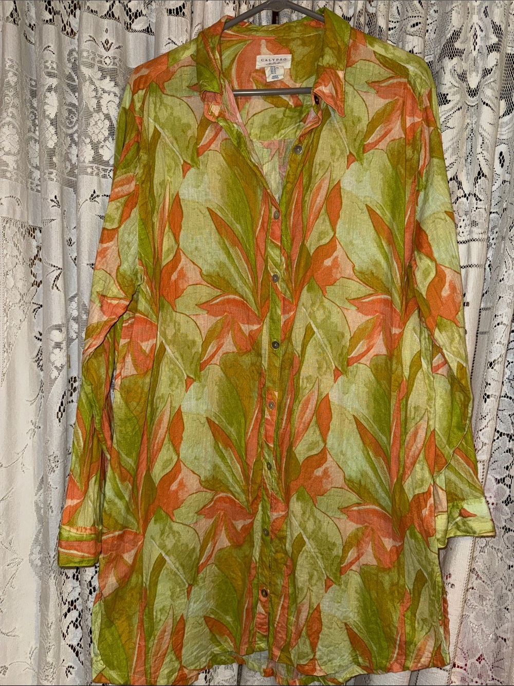 Calypso St. Barth Green and Orange Leaf-Print Swim Coverup